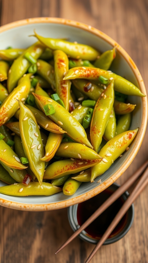 A bowl of seasoned edamame pods garnished with sesame seeds and green onions on a wooden table.